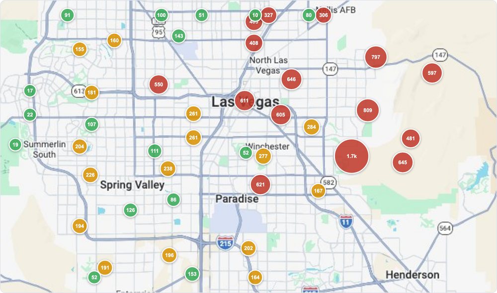 Map of the Las Vegas valley with a circle over each zip code; circle size and color show how many students came from that zip code.
